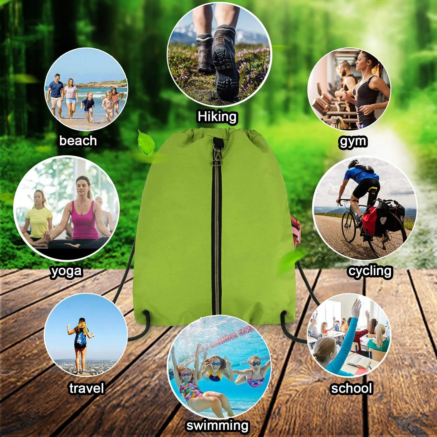 BeeGreen Drawstring Backpack Sports Gym Bag With Shoe Compartment and Two Water Bottle Holder 