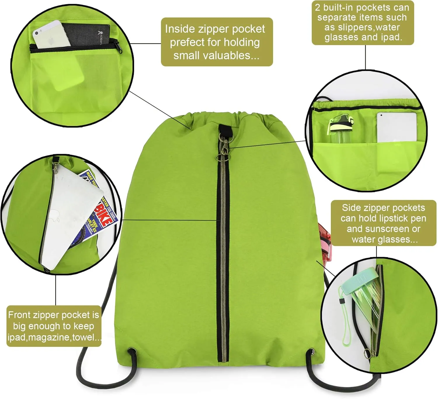 BeeGreen Drawstring Backpack Sports Gym Bag With Shoe Compartment and Two Water Bottle Holder 