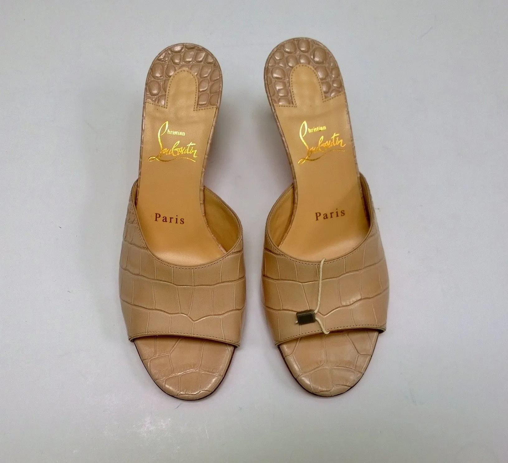 Christian Louboutin East 55 Nougat Shell Pink Croc-Embossed Slides Mule Heels