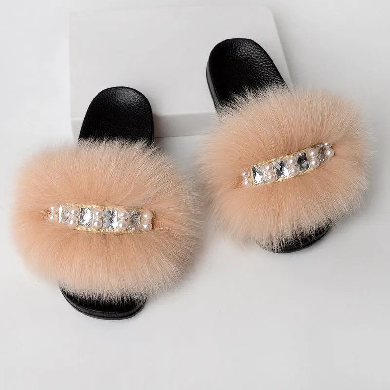 Faux-Fur Slippers with Pearls for Women