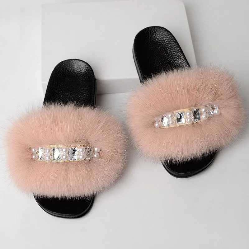 Faux-Fur Slippers with Pearls for Women