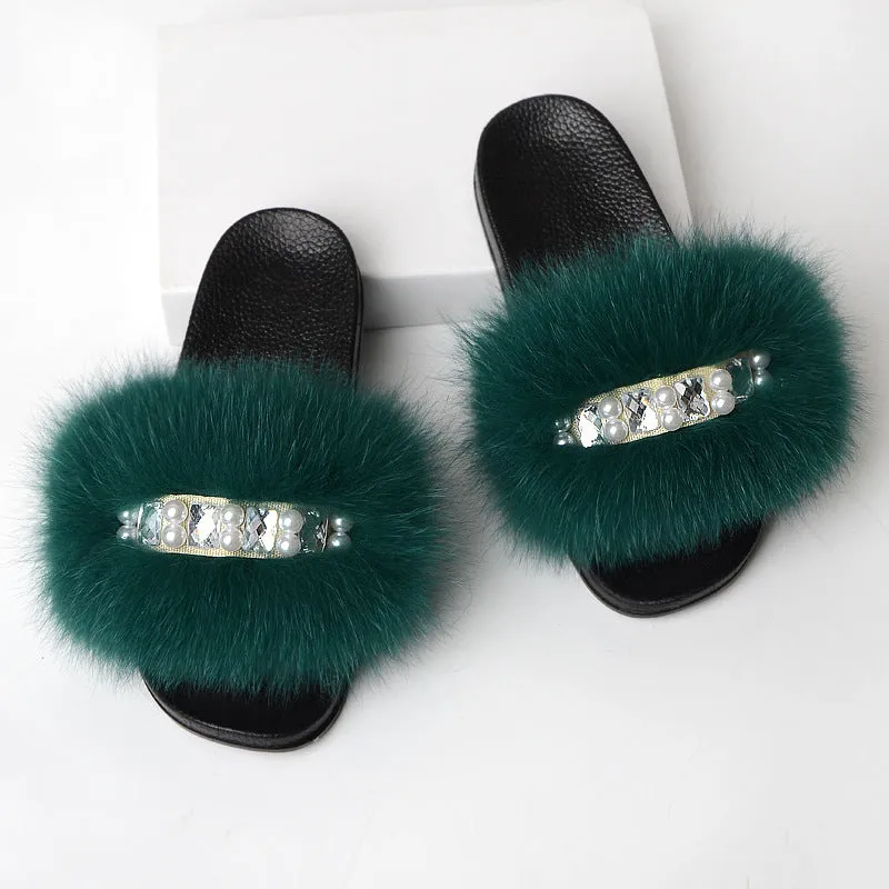Faux-Fur Slippers with Pearls for Women