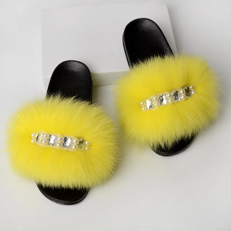 Faux-Fur Slippers with Pearls for Women