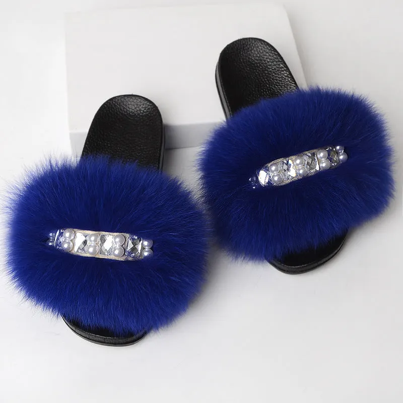 Faux-Fur Slippers with Pearls for Women