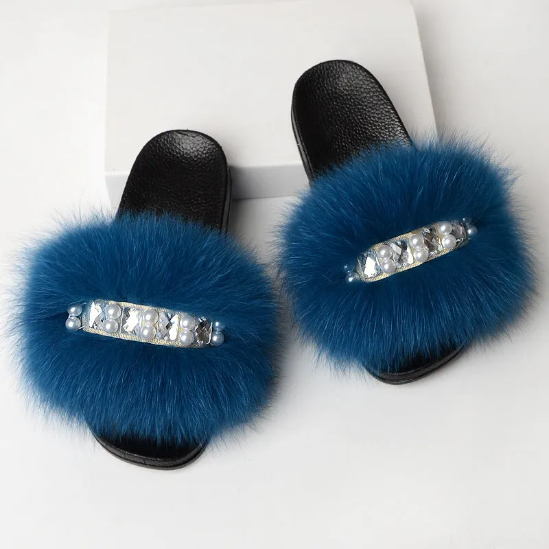 Faux-Fur Slippers with Pearls for Women