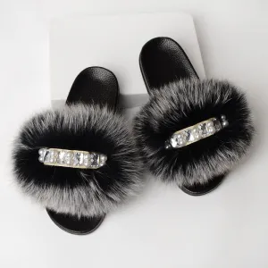 Faux-Fur Slippers with Pearls for Women