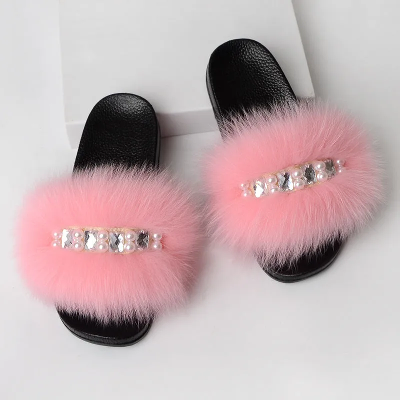 Faux-Fur Slippers with Pearls for Women