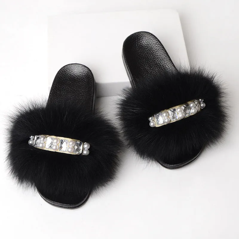 Faux-Fur Slippers with Pearls for Women