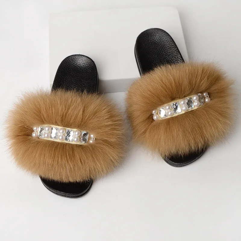 Faux-Fur Slippers with Pearls for Women