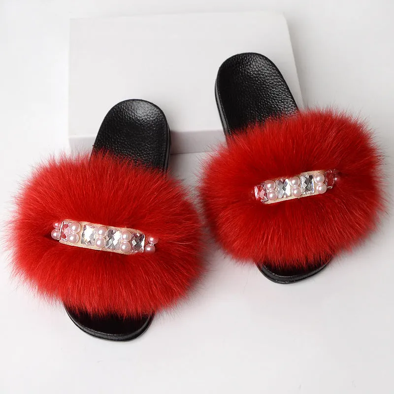 Faux-Fur Slippers with Pearls for Women
