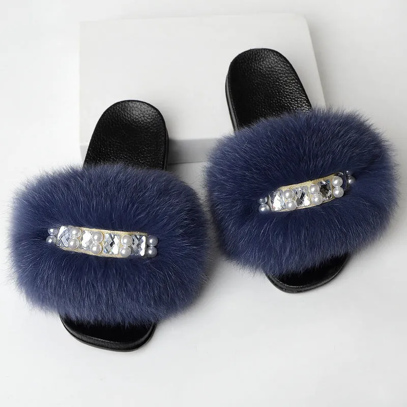 Faux-Fur Slippers with Pearls for Women