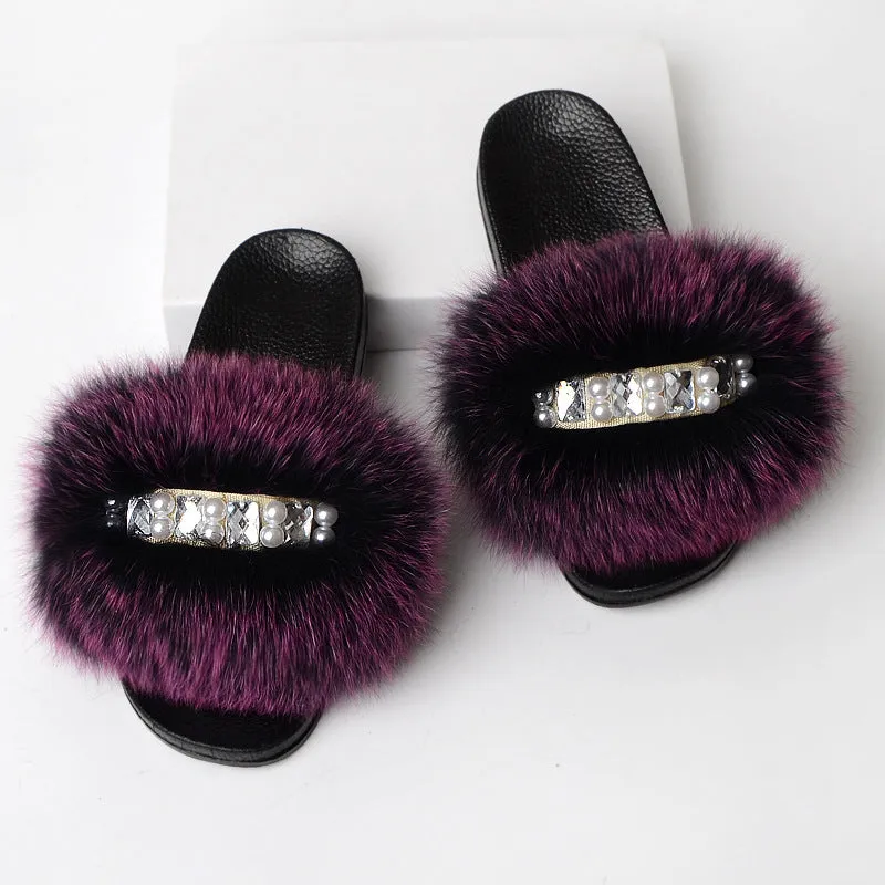 Faux-Fur Slippers with Pearls for Women