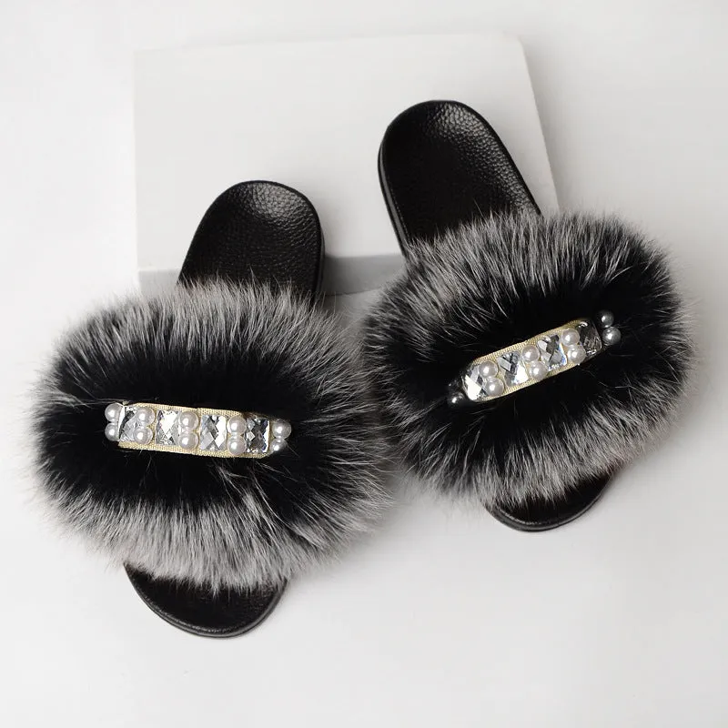 Faux-Fur Slippers with Pearls for Women