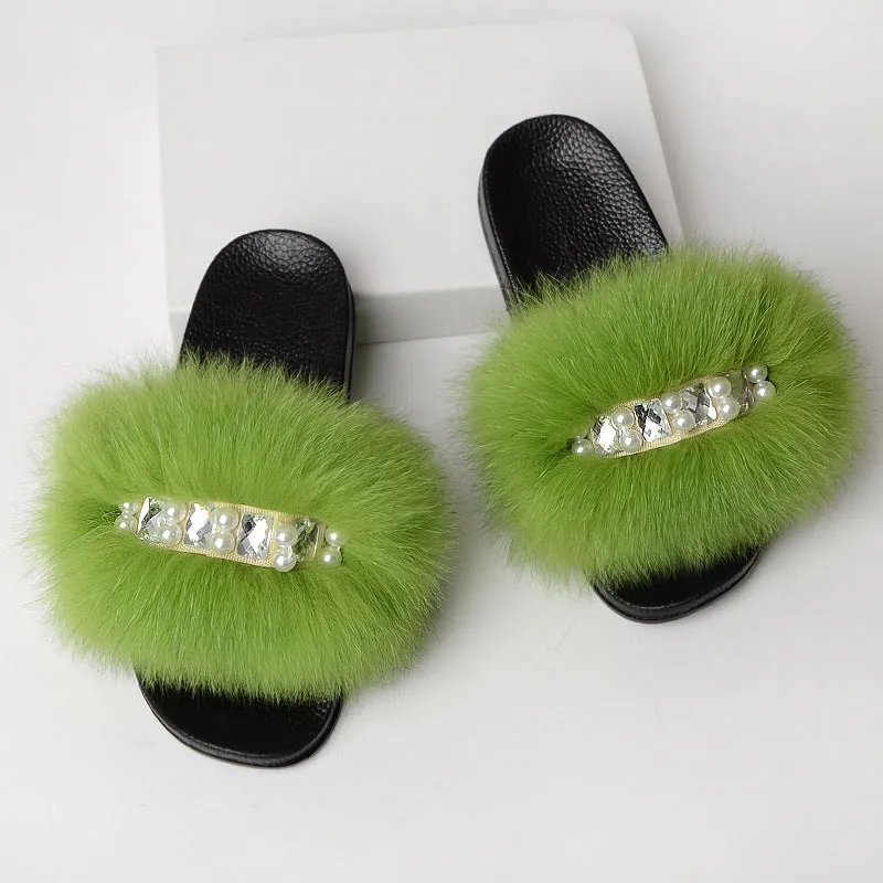 Faux-Fur Slippers with Pearls for Women