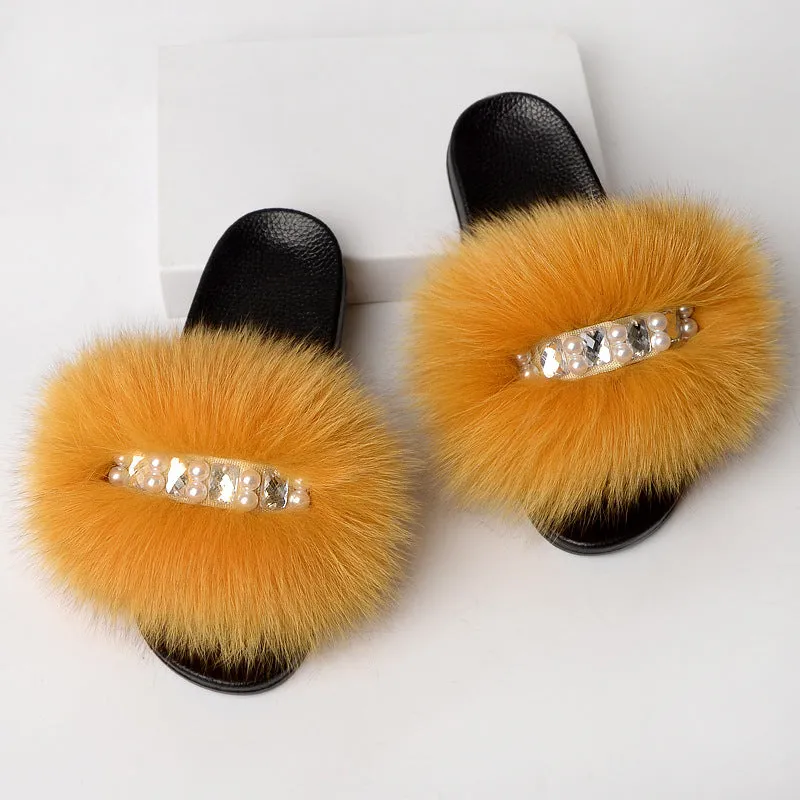 Faux-Fur Slippers with Pearls for Women