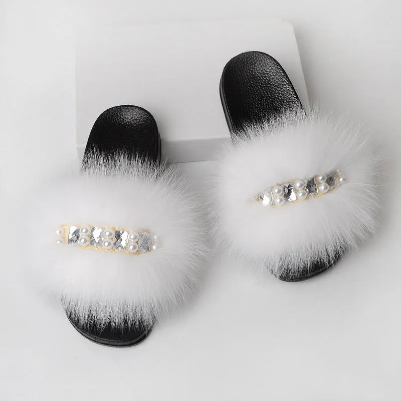 Faux-Fur Slippers with Pearls for Women